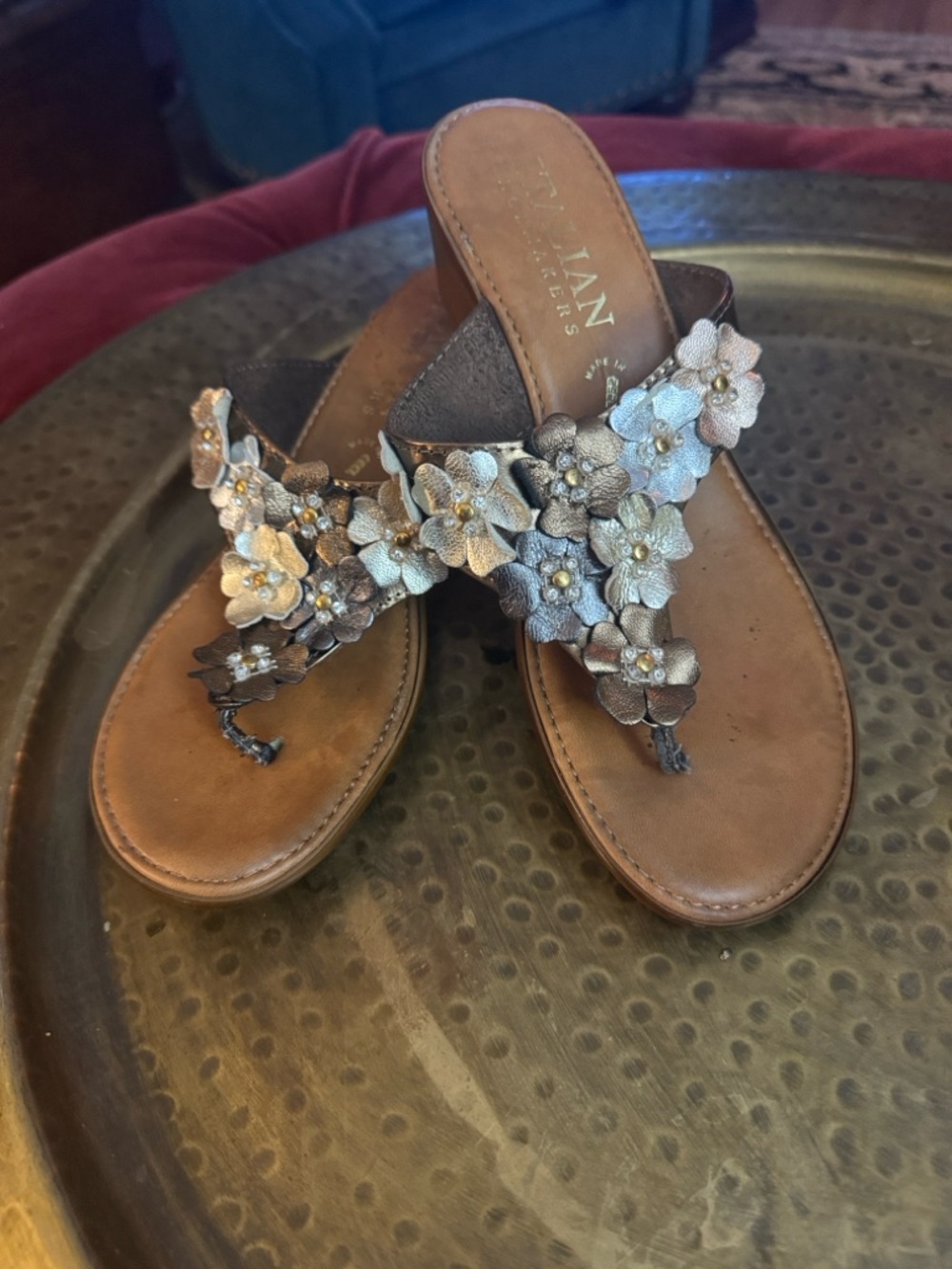 Italian Shoemakers Metallic Bronze Floral Thong Sandals